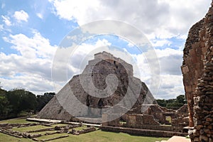 Pyramid of the Magician, Piramide del Advino and Cuadrangulo de los Pajaros, Quadrangle of the birds, Uxmal, Merida, Mexico photo
