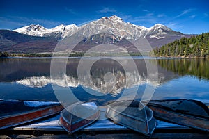 Pyramid Mountain reflecting in the Patricia Lake in the Jasper National Park Alberta, Canada