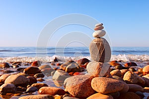 Pyramid of multicolored pebbles on a background of the summer sea