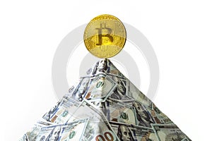 a pyramid scheme isolated on white background. concept of financial fraud. The bitcoin as a global financial pyramid