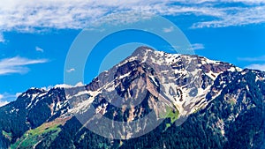 The pyramid shaped rugged top of Cheam Mountain, or Cheam Peak, that towers over the Fraser Valley of British Columbia