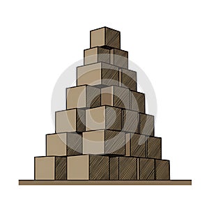 Pyramid of stacked cardboard boxes on a white background, representing storage and organization