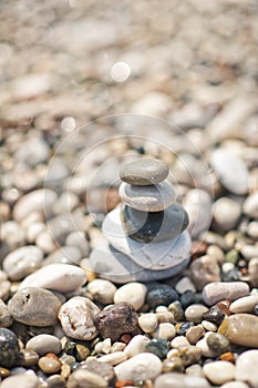 A pyramid of stacked flat pebble stones 8651.