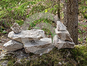 Pyramid of stones on the background of nature. The stones balance form a pyramid shape. Demonstration for Zen meditation