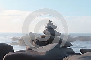 Pyramid stones balance on the sand of the beach. The object is in focus, the background is blurred. Neural network AI