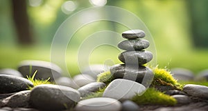 Pyramid of stones in a green forest. Zen harmony, balance, meditation concept