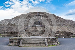 Pyramid of the Sun against blue sky, the largest ruins of the architecturally significant Mesoamerican pyramids  in Teotihuacan,