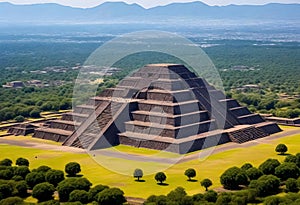 the pyramid of the sun in mexico city surrounded by trees photo