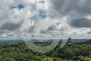 Pyramid and the Temple in Tikal Park. Sightseeing object in Guatemala with Mayan Temples and Ceremonial Ruins. Tikal is an ancient