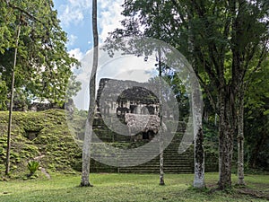 Pyramid and the Temple in Tikal Park. Sightseeing object in Guatemala with Mayan Temples and Ceremonial Ruins. Tikal is an ancient