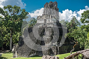 Pyramid and the Temple in Tikal Park. Sightseeing object in Guatemala with Mayan Temples and Ceremonial Ruins. Tikal is an ancient