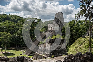 Pyramid and the Temple in Tikal Park. Sightseeing object in Guatemala with Mayan Temples and Ceremonial Ruins. Tikal is an ancient