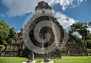 Pyramid and the Temple in Tikal Park. Sightseeing object in Guatemala with Mayan Temples and Ceremonial Ruins. Tikal is an ancient