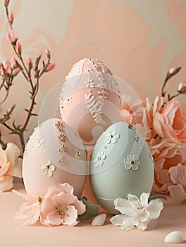 A pyramid of three decorated eggs in soft pastel colors