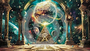 A pyramid of wisdom, surrounded by planets. Eternal temple of wisdom, esoteric, hermetic and cabal fantasy concept photo