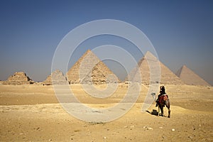 Pyramids and alone camel, lonely people