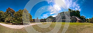 Pyramids and ancient buildings in archaeological site of Palenque, Mexico