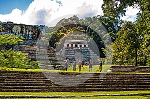 Pyramids and ancient buildings in archaeological site of Palenque, Mexico