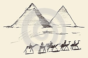 Pyramids Cairo Egypt with Caravan Camels Vintage