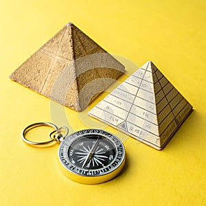 Pyramids and compass on yellow background
