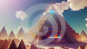 Pyramids in desert. AI generated video