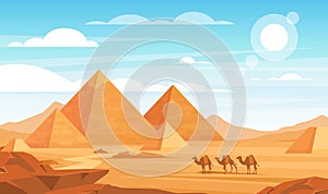 Pyramids in desert flat vector illustration. Egyptian landscape panoramic cartoon background. Bedouin camels caravan and