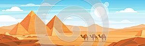 Pyramids in desert flat vector panoramic illustration. Egyptian landscape at daytime cartoon background. Camels caravan