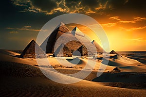 Pyramids in desert at sunset, Cairo, Egypt. Fantasy view, generative AI