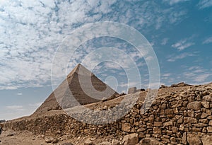 Pyramids of El Cairo landscape with Kefren Pyramid in the background. Egypt