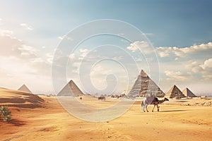 The pyramids of Giza in Cairo, Egypt. Travel background, pyramids giza cairo in egypt with camel caravane panoramic scenic view,