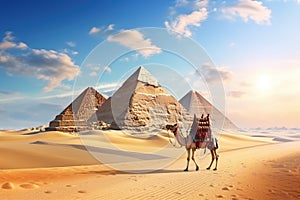 The pyramids of Giza and camel in the desert of Egypt, pyramids giza cairo in egypt with camel caravane panoramic scenic view, AI