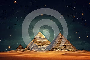 The pyramids of Giza in Egypt at night. Mixed media, Pyramids in the desert at night time. Starry sky, milky way. Abstract picture