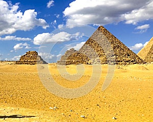 Pyramids of giza. Great pyramids of Egypt. The seventh wonder of the world. Ancient megaliths