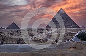 The Pyramids of Giza and the Sphinx at sunset, Egypt