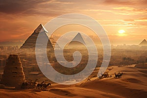 The pyramids of Giza at sunset, Egypt. 3d rendering, Egypt, Cairo - Giza, General view of pyramids and cityscape from the Giza