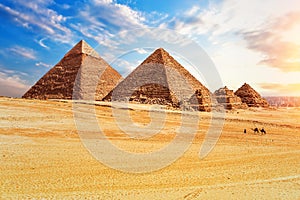 The Pyramids in the sunny desert of Giza, Egypt