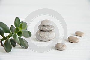 Pyramids of white zen stones with green leaves and Buddha statue. Concept of harmony, balance and meditation, spa, massage, relax