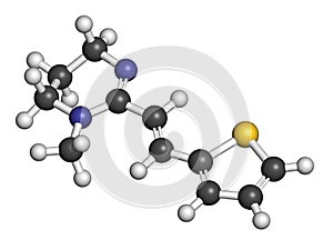 Pyrantel antinematodal drug molecule. Used to threat nematode (roundworm) parasite infections. Atoms are represented as spheres