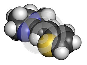 Pyrantel antinematodal drug molecule. Used to threat nematode (roundworm) parasite infections. Atoms are represented as spheres