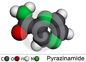 Pyrazinamide, molecule. It is antituberculosis agent used as a component of tuberculosis TB treatment. Molecular model. 3D