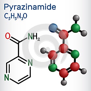 Pyrazinamide, molecule. It is antituberculosis agent used as a component of tuberculosis TB treatment. Structural chemical