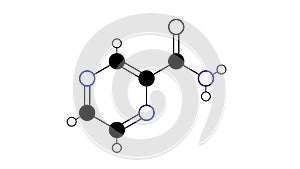 pyrazinamide molecule, structural chemical formula, ball-and-stick model, isolated image antituberculosis agents