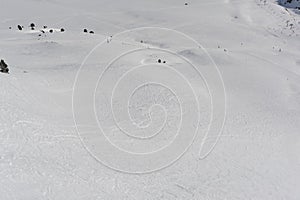 Pyrenees mountains range in winter with snowy peaks in Grandvalira ski paradise resort in Andorra