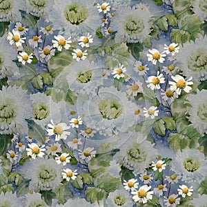 Pyrethrum and chrysanthemums on a watercolor background. Seamless pattern hand draw watercolor illustration.