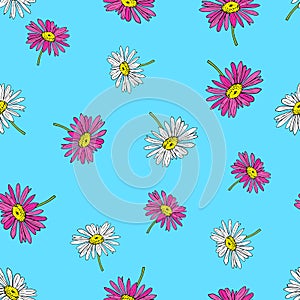 Pyrethrum daisy seamless pattern on blue background