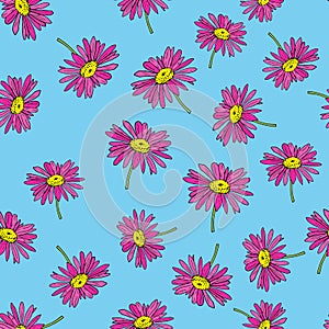 Pyrethrum daisy seamless pattern on blue background