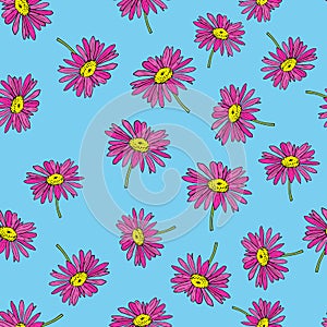 Pyrethrum daisy seamless pattern blue background