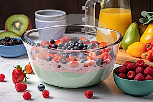 pyrex bowl filled with creamy, fruity smoothie