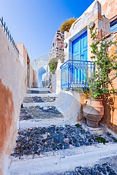 Pyrgos, Santorini. White washed village in Greek Islands, Greece