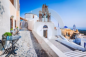 Pyrgos, Santorini. White washed village in Greek Islands, Greece